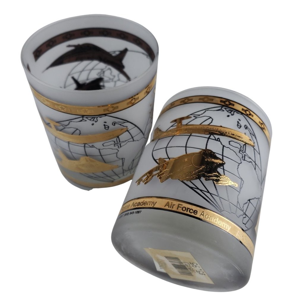 US Air Force Academy Frosted Rock Glass Kapan Kent NWT Gilded Set of 2